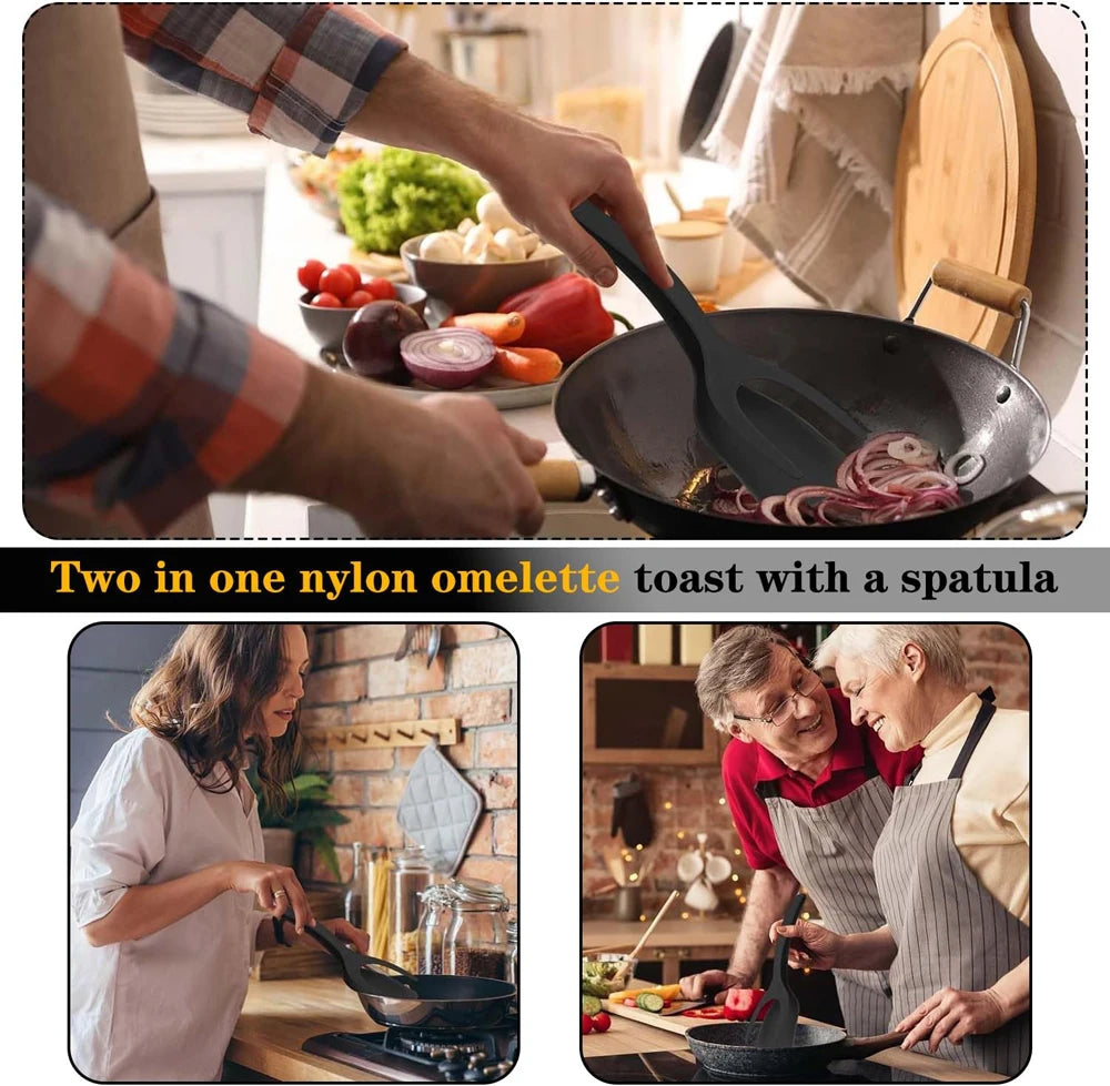 2 in 1 Grip Flip Spatula Tongs Egg Flipper Spatula Nylon Non Stick Coating Pancake Fish French Toast Omelet Making Tool